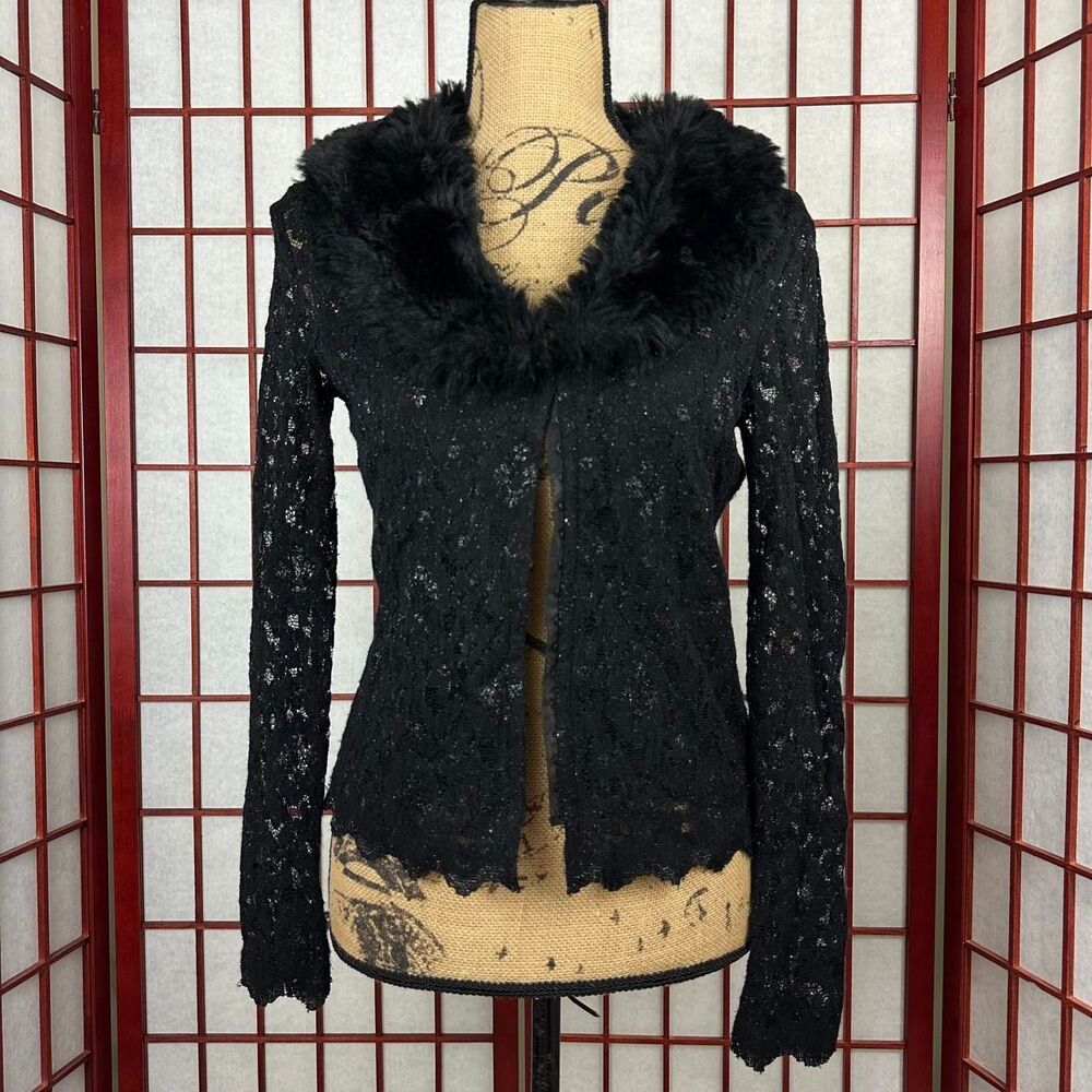 Vintage 90s Cache Long Sleeve Lace Sheer Faux Fur Gothic Top
